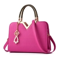 Structured rose red handbag for women with geometric pattern and woven handle - Rose Red