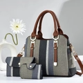 Three-piece striped tote bag set with brown leather trim and golden metal hardware - Gray Blue White Contrast Striped 3-Piece Set (Style 6)