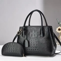 Detail of black crocodile texture tote bag and matching coin purse with gold hardware - Black