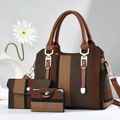 Three-piece striped tote bag set with matching crossbody clutch and card holder - Brown Black Dark Coffee Striped 3-Piece Set (Style 5)