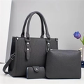 Three-piece grey tote bag set with matching zipper pouch and textured card holder - Gray