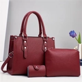 Three-piece burgundy tote bag set with textured faux leather and silver rivet accents - Wine Red