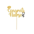 Glittery gold Congrats Nurse cake topper with stethoscope and cap for graduation party decor - Black Stethoscope with Gold Nurse Style / Gold
