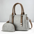 Ensemble 2 pièces sac à main gris vintage avec sac cabas et pochette à lanières brunes - Ensemble Sac Tote et Porte-Monnaie / Gris