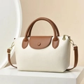 Borsa a mano minimalista in pelle bianca con manici marroni e fibbia in metallo oro - Bianco Sporco