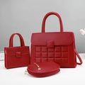 Three-piece red tote bag set with quilted texture and gold hardware detailing - Burgundy
