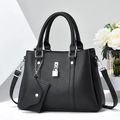 Chic black litchi pattern PU leather tote bag with silver hardware on white background - L29 W12 H21 / Black
