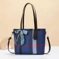 Fashion plaid tote bag with brown leather handles and decorative silk scarf detail - Blue