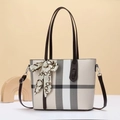 Classic beige plaid tote bag with brown leather straps and decorative silk scarf detail - Apricot