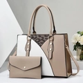 Grande borsa tote bicolore con dettaglio leopardato e pochette coordinata - Kaki