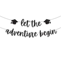 Black glitter Let The Adventure Begin banner with graduation caps for party decor - Black Hat Black Letters
