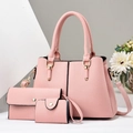 Three-piece pink faux leather handbag set with tote, wallet and pouch featuring litchi texture - Pink
