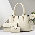 Damenhandtasche 3er-Set aus cremeweißem Leder mit Litschi-Maserung und Goldbeschlag - Cremeweiß