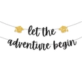 Black and gold glitter 'Let the adventure begin' graduation banner with cap icons - Gold Powder Hat Black Powder Let The Adventure Begin Raise The Flag