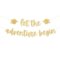 Glittering gold 'let the adventure begin' graduation banner with cap icons - Gold Powder Hat Gold Powder Let The Adventure Begin Flag