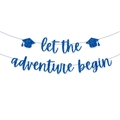 Sparkling blue Let the Adventure Begin banner with graduation caps for party decor - Blue And Pink Hats Blue And Pink Let The Adventure Begin Flags