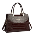 Deep coffee crocodile embossed handbag with glossy finish and gold-tone metal hardware - Coffee