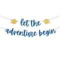 Blue and gold Let the Adventure Begin graduation banner with glitter graduation caps - Gold-powder Hat Blue And Pink Let The Adventure Begin Raise The Flag.
