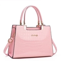 Bright pink faux crocodile leather handbag with gold metal logo and adjustable shoulder strap - Pink