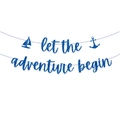 Blue glitter let the adventure begin banner with sailboat and anchor nautical decor - Blue Sailboat Blue Letters