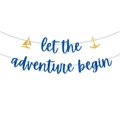 Blue and gold glittery Let the Adventure Begin banner with nautical ship and anchor motifs - Gold Sailboat Blue Letters