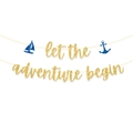 Golden and blue glitter banner with let the adventure begin text and nautical icons - Blue Sailboat Gold Letters