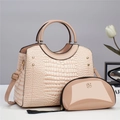 Detail of crocodile embossed leather handbag set with metal floral logo and rivets - Shoulder Bag Set / Khaki