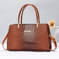Elegant brown crocodile pattern handbag with gold hardware and dual top handles - Large / Khaki/Earth Yellow