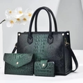 Three-piece dark green crocodile pattern tote set with handbag and card holder - 29cmx12cmx21cm / Dark Green