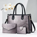 Three-piece crocodile pattern handbag set with tote, clutch and wallet in purple-grey - 29cmx12cmx21cm / Light Gray