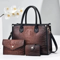 Three-piece brown crocodile embossed tote bag set with wallet and gold hardware details - 29cmx12cmx21cm / Khaki/Earth Yellow