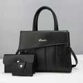 3-piece black PU leather tote set with ostrich and snake textures and gold logo - Black