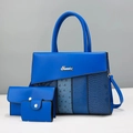 Three-piece bright blue PU leather tote bag set with crocodile and ostrich textures - Blue