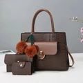 Brown crocodile leather tote bag set with cherry plush charm and matching wallets - Coffee