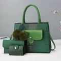 Three-piece green crocodile embossed tote set with envelope clutch and buckle card holder - Green