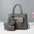 3-in-1 dark grey crocodile pattern tote bag set with metal buckle and fur pompom charm - Gray