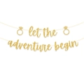 Glitter gold Let The Adventure Begin banner with diamond rings for engagement parties - Gold Ring Gold Letters