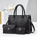 Three-piece black crocodile pattern handbag set with golden studs on white background - 29cmx12cmx21cm / Black