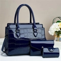 Three-piece dark blue crocodile pattern tote bag set with glossy patent leather finish - Sapphire Blue