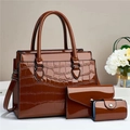 Detailed set of three brown crocodile embossed faux leather handbags and matching wallets - Khaki/Earth Yellow