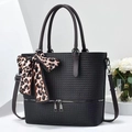 Large black woven tote bag with a leopard print scarf handle and metal zipper details - Black