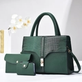 Dreiteiliges Set dunkelgrüner Lederhandtaschen mit großer Tragetasche und Krokodilmuster - Handtasche/Clutch/Kartenhalter / Grün