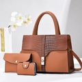 Three-piece women bag set in brown litchi and crocodile texture leather with gold buckle - Handbag/Clutch/Card Holder / Khaki/Earth Yellow