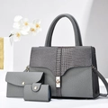 Three-piece women's handbag set in grey lychee PU leather with crocodile pattern accents - Handbag/Clutch/Card Holder / Gray