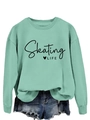 Detail of mint green sweatshirt with Skating Life text and frayed blue denim shorts - S / Light Green (Black Text)
