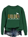 Close-up of Golden Mama print on dark green crewneck sweatshirt with ribbed cuffs - Dark Green Sweatshirt (White Text)