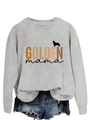 Flat lay detail of grey long sleeve sweatshirt with colorful GOLDEN mama graphic print - Grey Sweatshirt (Black Text)
