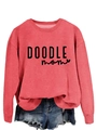 Detail of red crewneck sweatshirt featuring black Doodle Mom text and heart print - S / Red (Black Font)