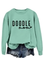 Detail of mint green sweatshirt featuring ribbed cuffs and DOODLE mom graphic print - S / Light Green (Black Font)