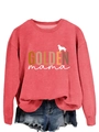 Detail of coral pink long sleeve sweatshirt with Golden mama and retriever print - Red Sweatshirt (White Text)